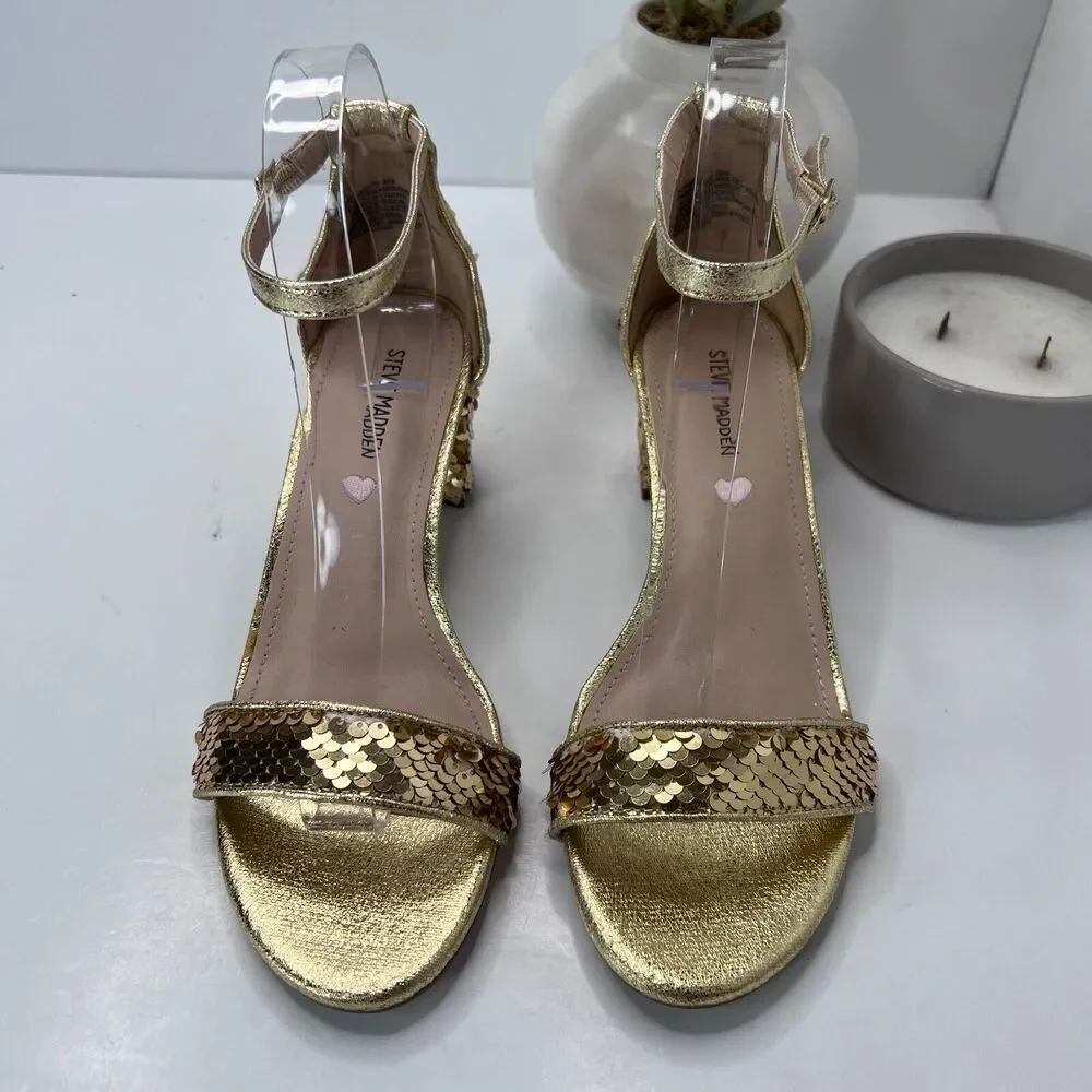 Steve Madden Carrson Sandal Gold Sequin Ankle Strap Block Heel Women's US 6 M